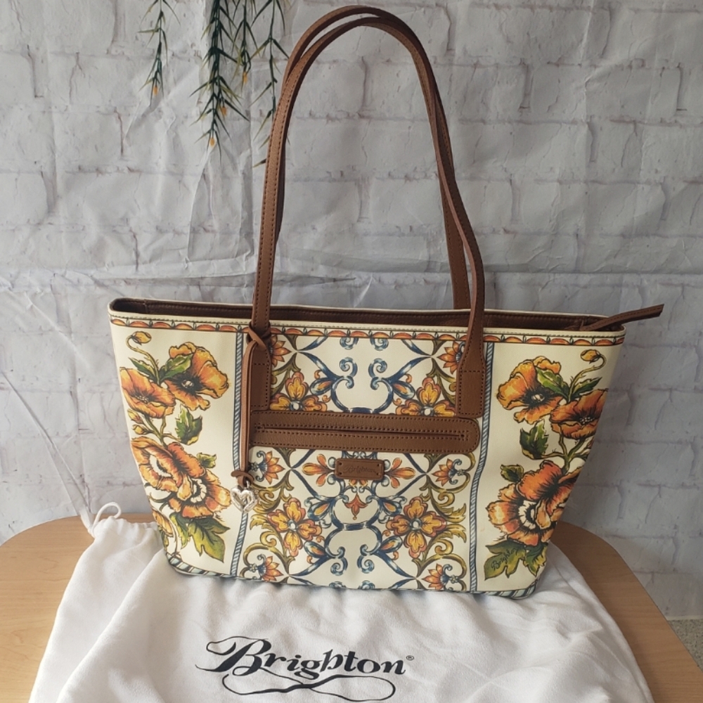 Brighton tote shoulder purse floral leather+coated canvas bella lucca
